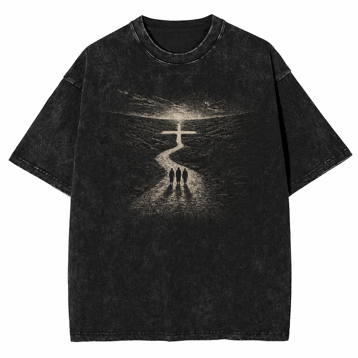 Black graphic t-shirt with landscape artwork