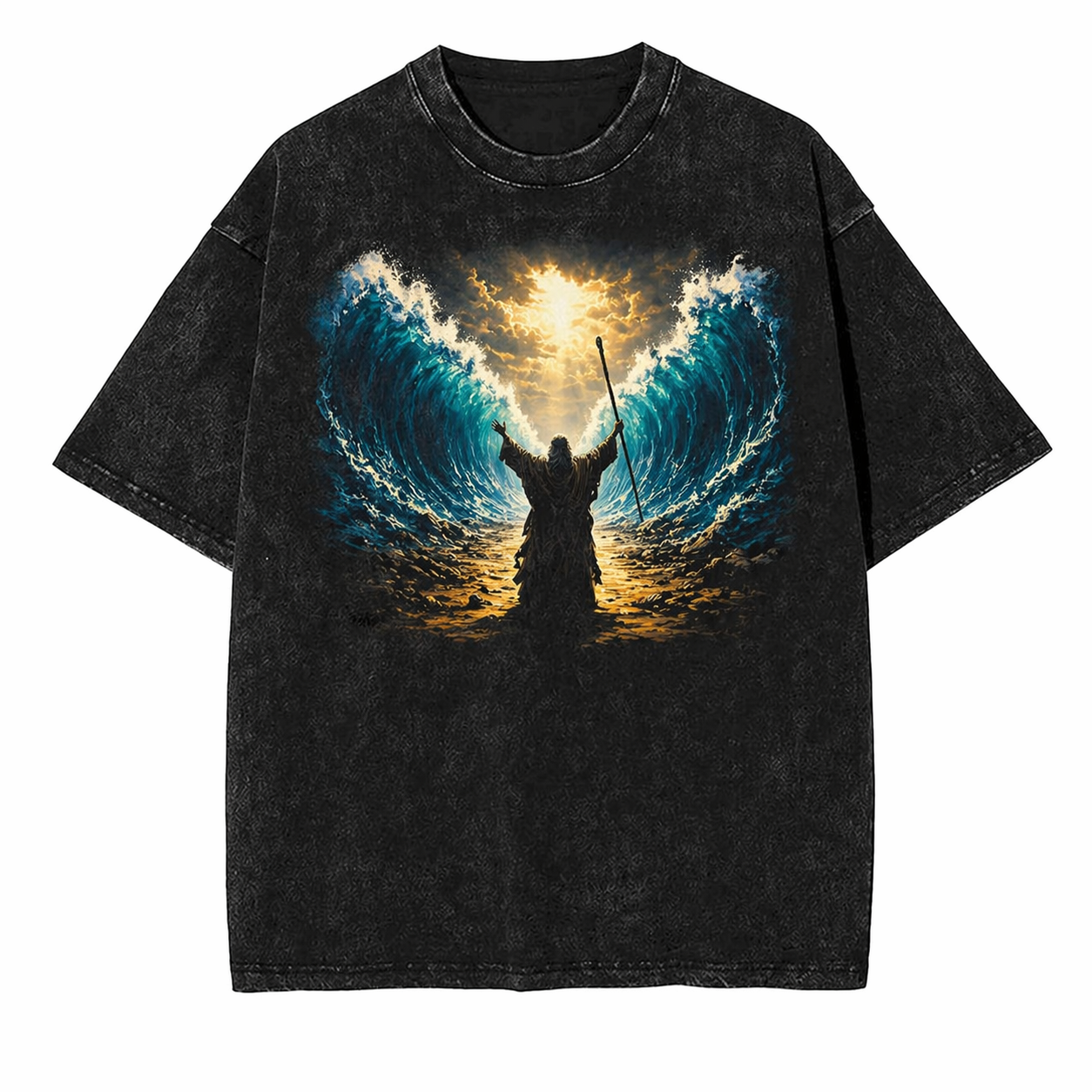 Black graphic t-shirt with ocean wave artwork